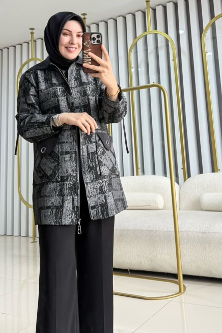 BELLİ YAKA PARAŞÜT DETAY DESENLİ CEKET 25K5008