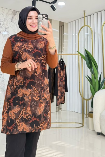 ESSWAAP YAPRAK DESENLİ DEGAJE YAKA TUNİK 2421117