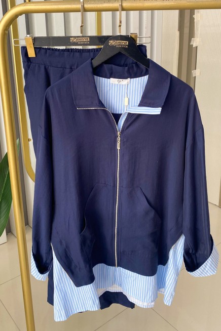 TIĞ TRİKO ÇİZGİLİ POPLİN MİXLİ FERMUAR DETAYLI PANTOLONLU TAKIM 2097