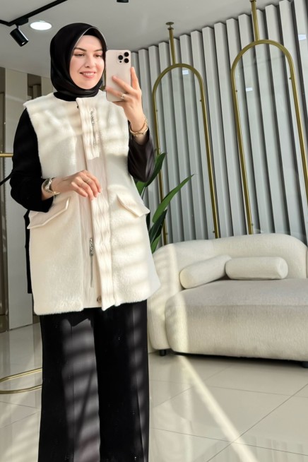 TIĞ TRİKO KÜRK KOMBİNLİ FERMUARLI DETAYLI YELEK 8503