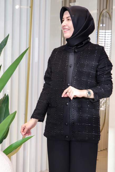 TIĞ TRİKO SIFIR YAKA ÖNDEN DÜĞMELİ TUVİD DOKUMA HIRKA 1696