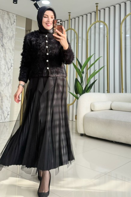 TIĞ TRİKO TÜL DETAYLI RAYON ETEK 21979